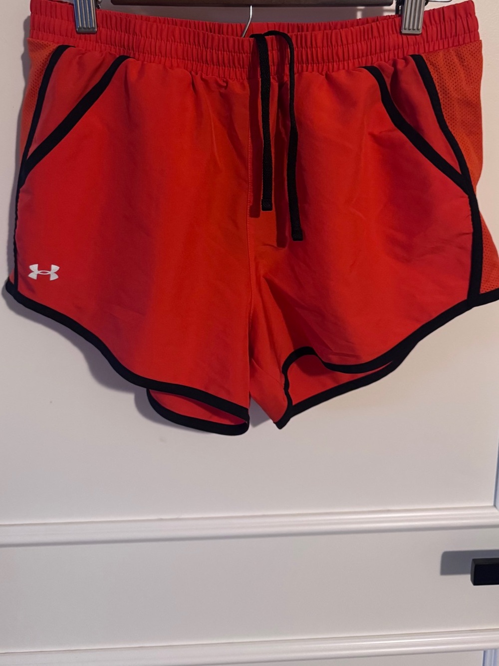 Under Armour Women's Red Athletic Shorts with Black Trim